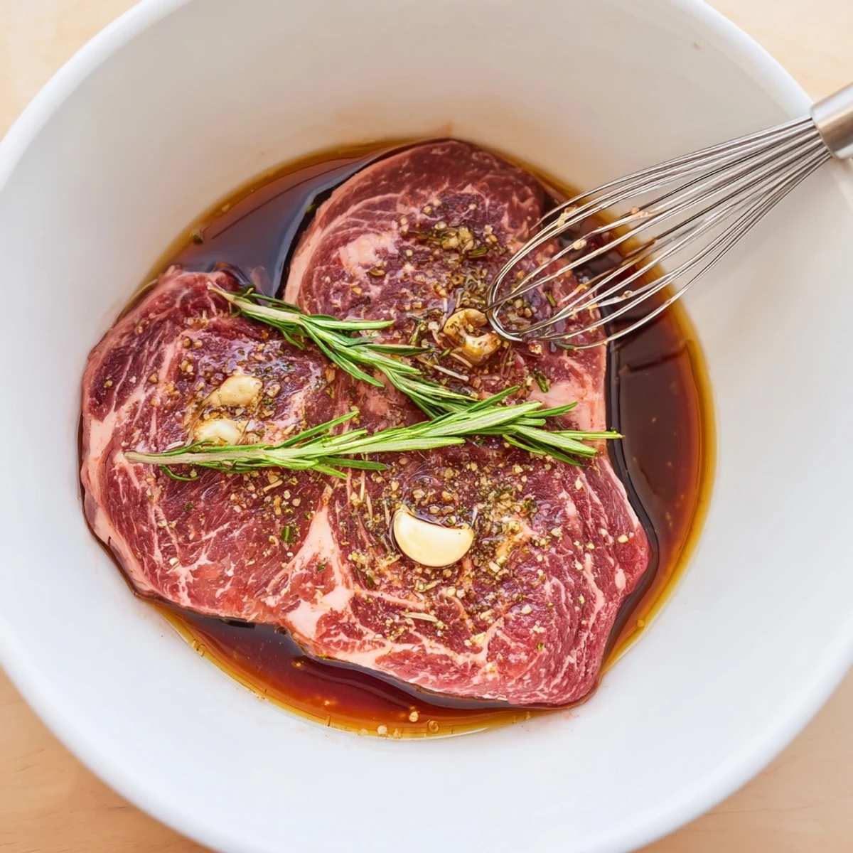 Jar of Steak Marinade with olive oil sheen, lemon brightness and peppery warmth