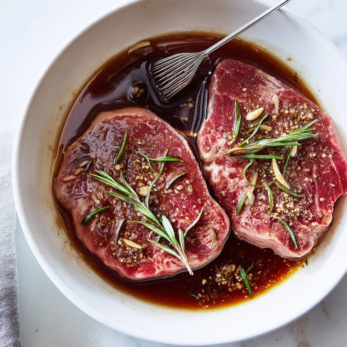 Steak Marinade coated sirloin resting beside grilled vegetables, smoky char and juicy promise