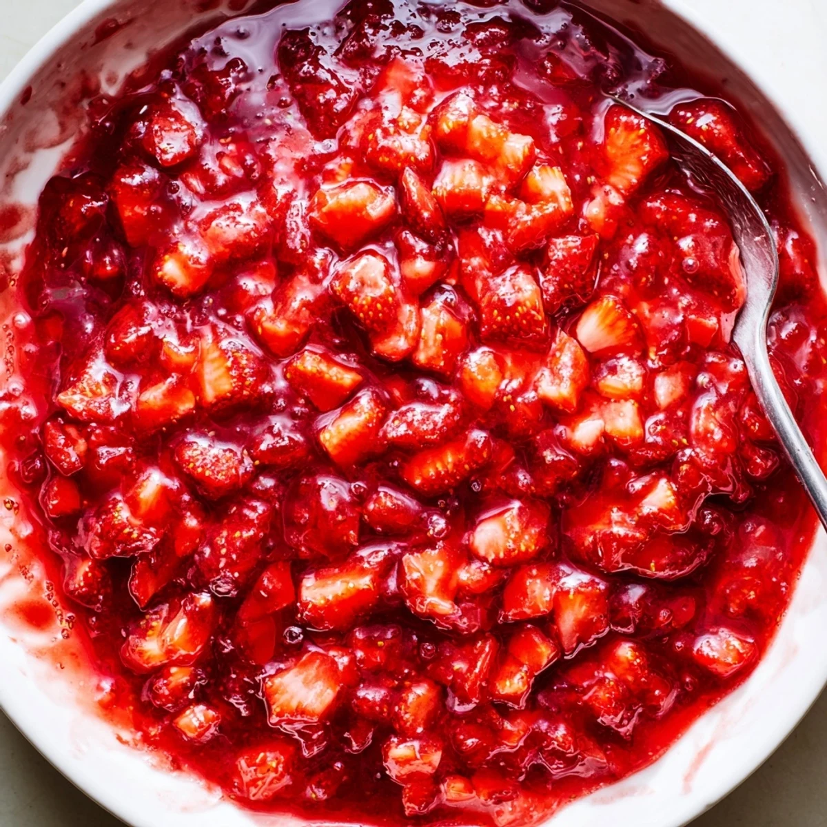 Spoonful of glossy, bright red Strawberry Cake Filling Recipe topping cupcakes.
