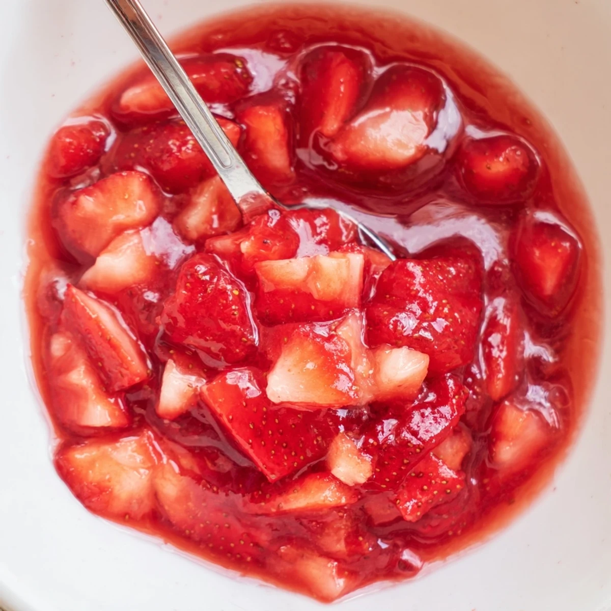 Cooling saucepan of glossy, jam-like Strawberry Cake Filling Recipe, ready to spread.