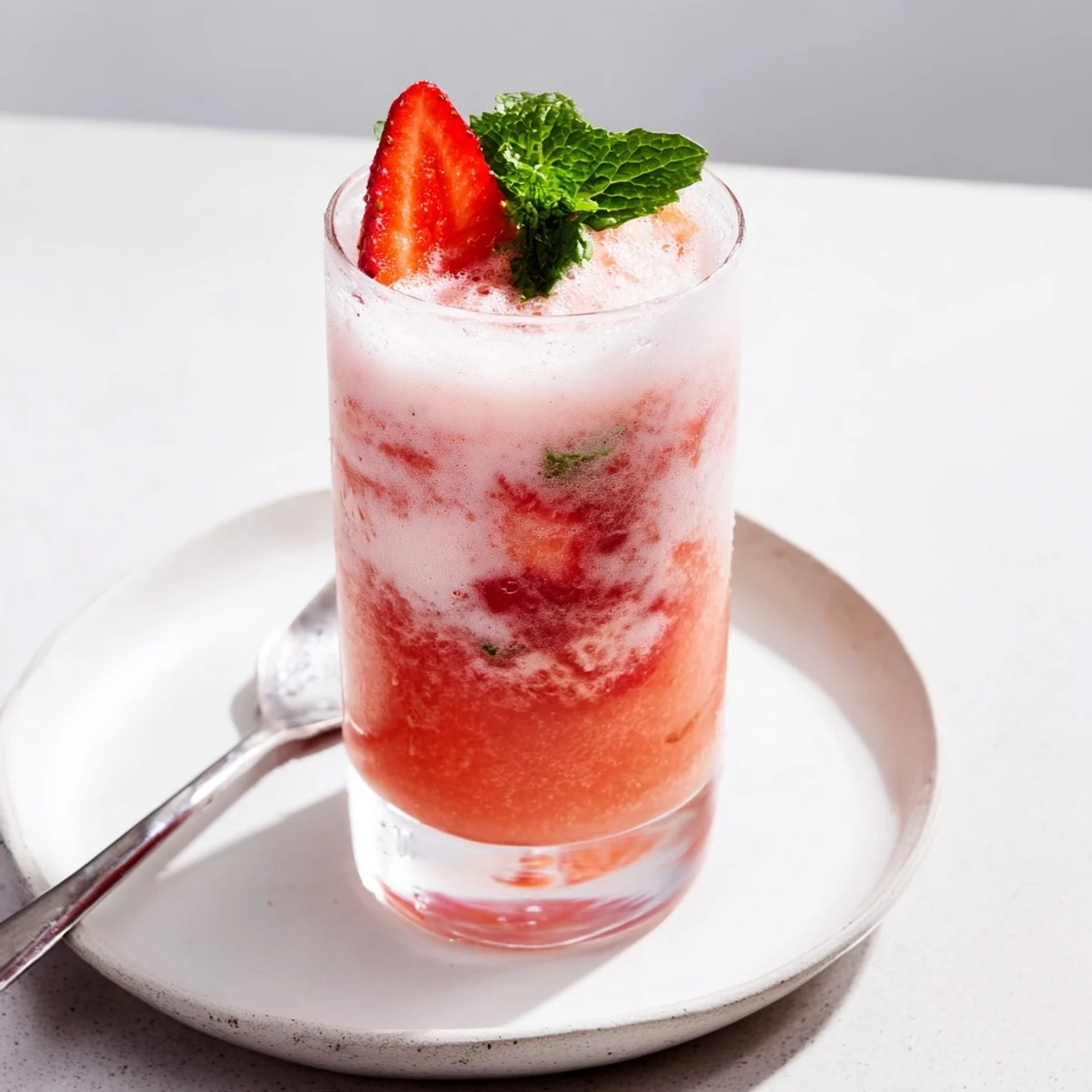Creamy Strawberry Coconut Cooler blended with lime, coconut milk, and mint