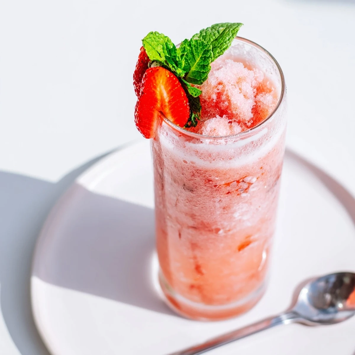 Vibrant Strawberry Coconut Cooler served with strawberry slices and crushed ice