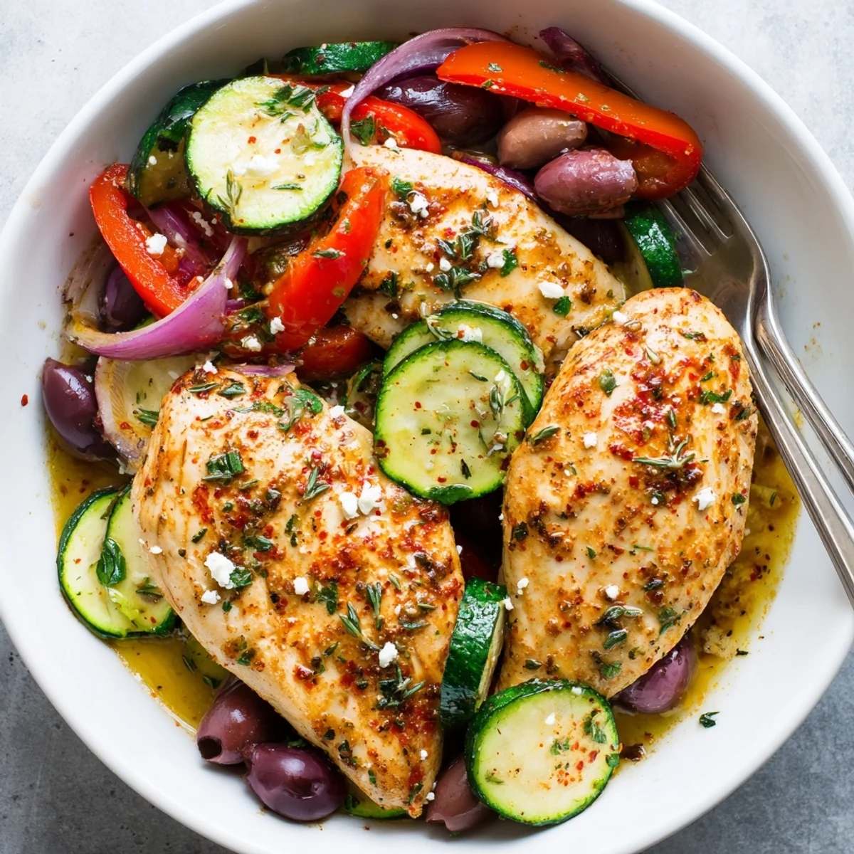 Roasted Sheet Pan Mediterranean Chicken Zucchini with blistered tomatoes, olives, and feta
