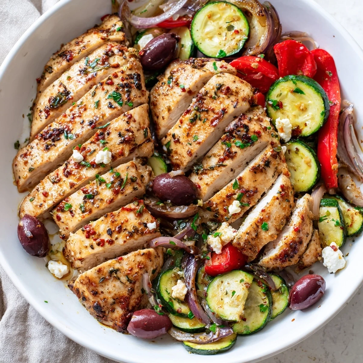 Sheet Pan Mediterranean Chicken Zucchini sizzling in lemon-garlic marinade, ready to serve