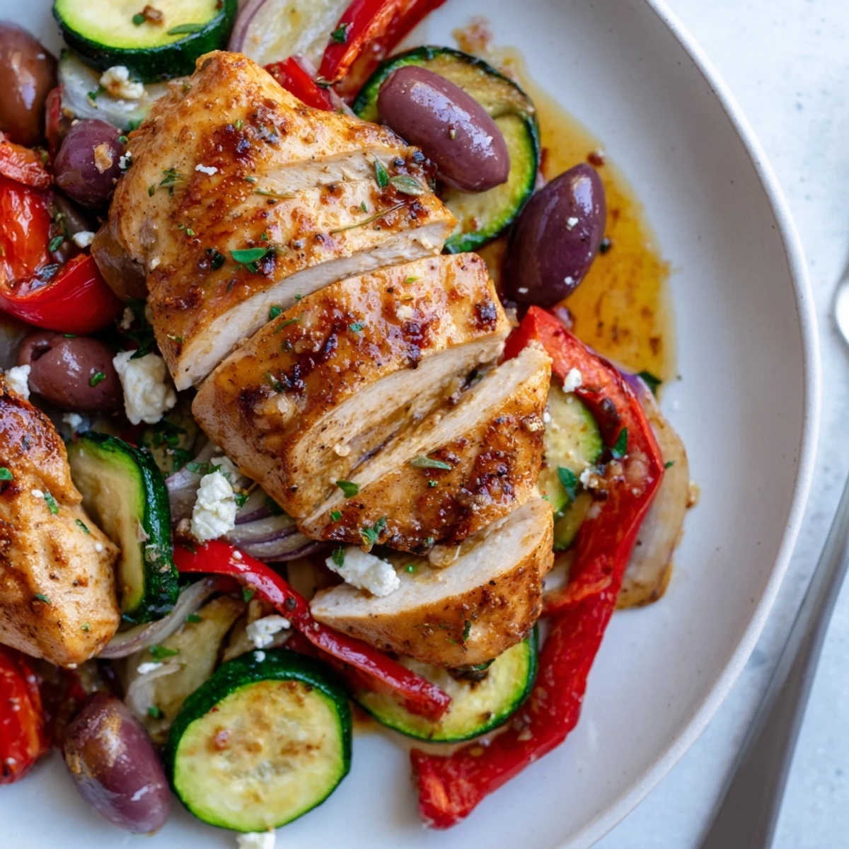 Family-style Sheet Pan Mediterranean Chicken Zucchini topped with parsley, feta, and pan juices