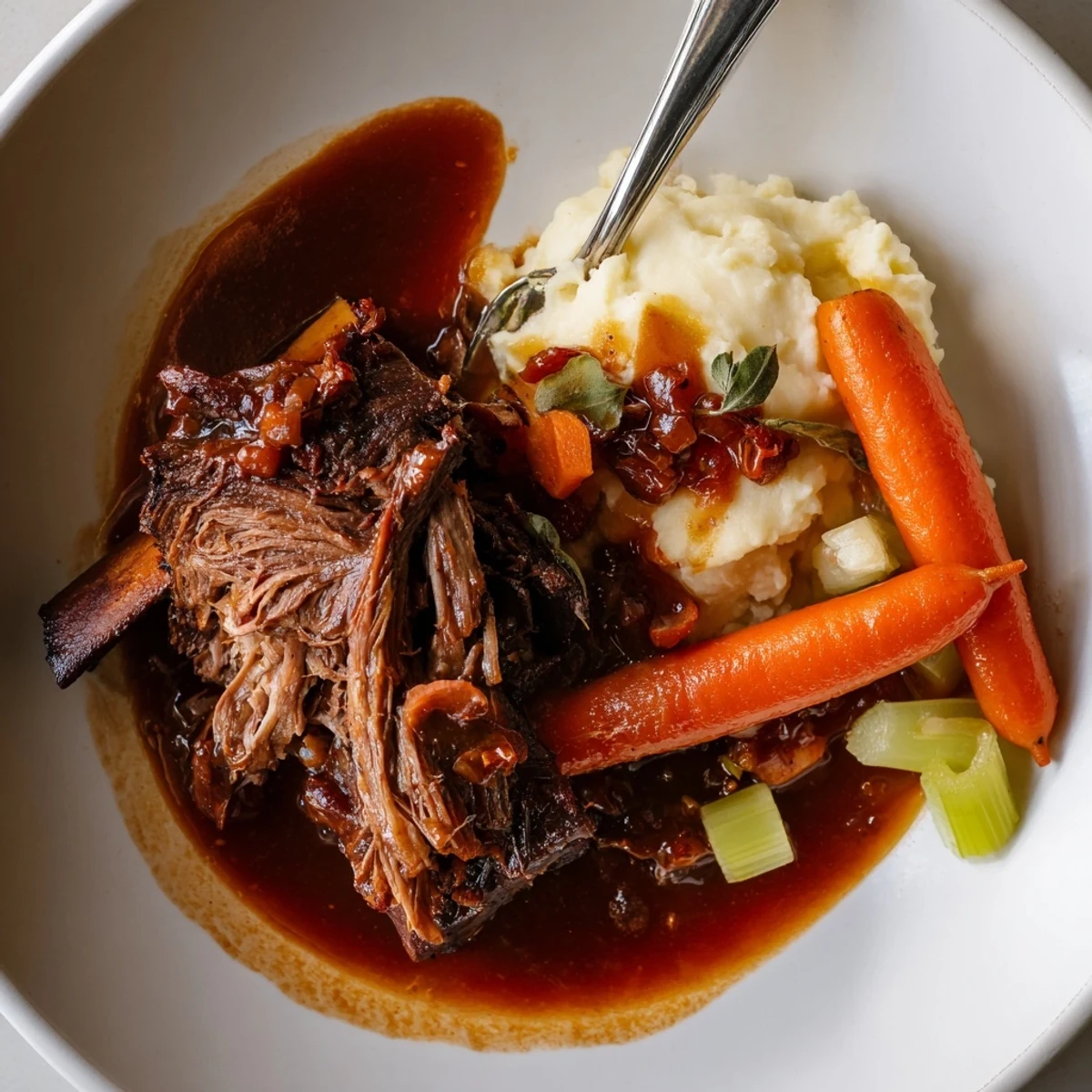 Slow Cooker Beef Short Ribs glistening in rich sauce over mashed potatoes