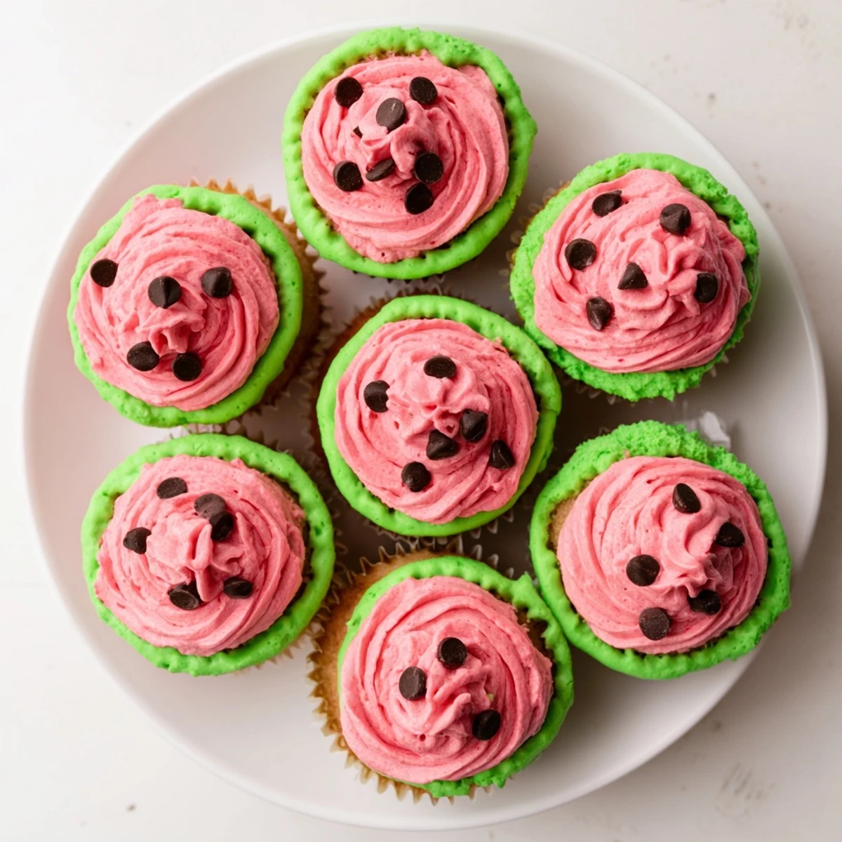 Pink watermelon frosting swirls on vanilla cupcakes garnished with mini chocolate chips for summer parties