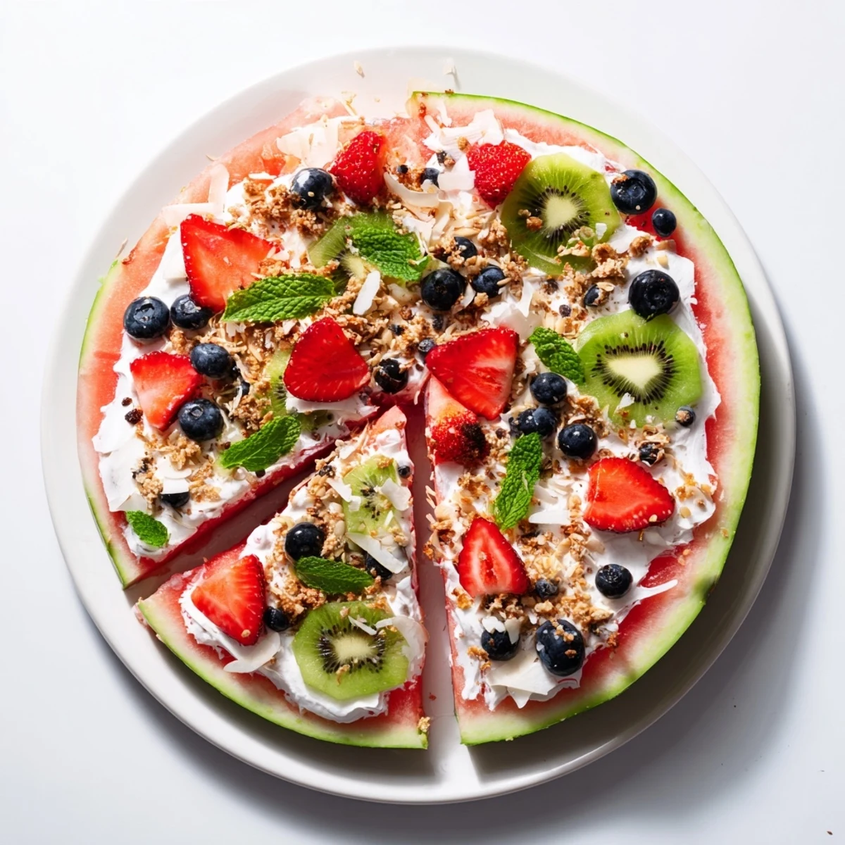 Colorful watermelon pizza topped with creamy Greek yogurt and fresh summer berries