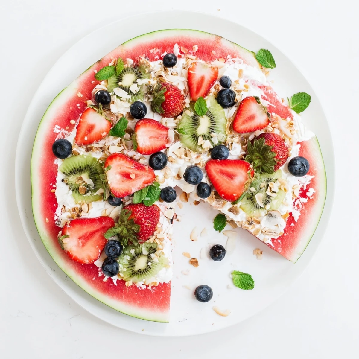 Delicious watermelon pizza wedges garnished with mint and coconut for easy summer dessert