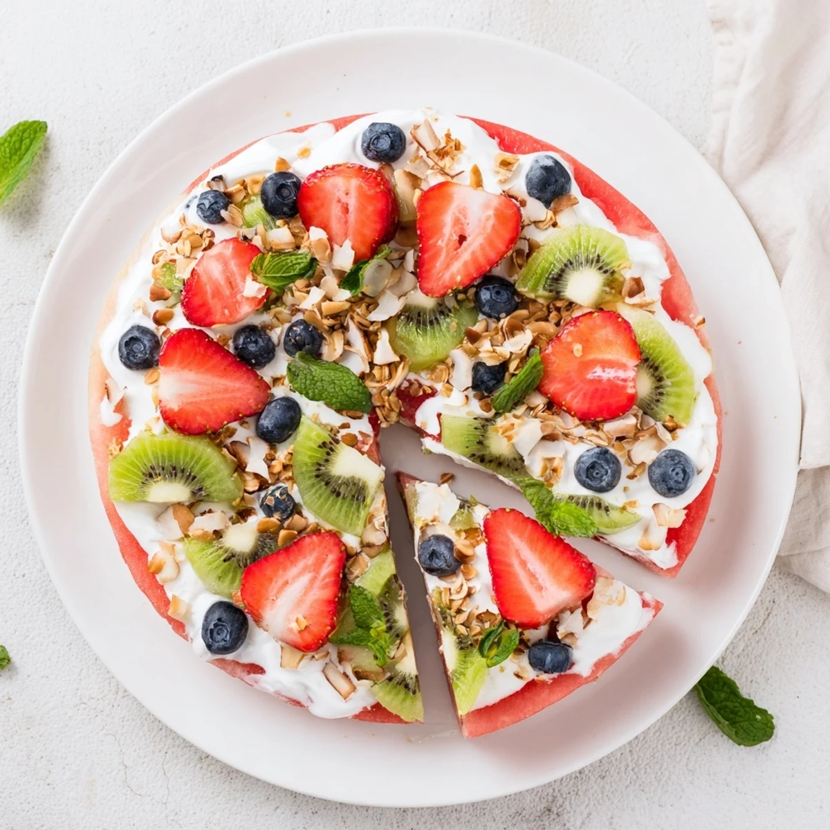 Refreshing watermelon pizza slice featuring vibrant kiwi, strawberries, and blueberries on white yogurt base