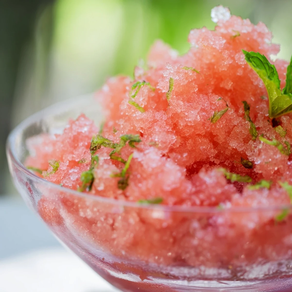 Fluffy pink watermelon granita served in chilled glasses with fresh mint garnish on a hot summer day