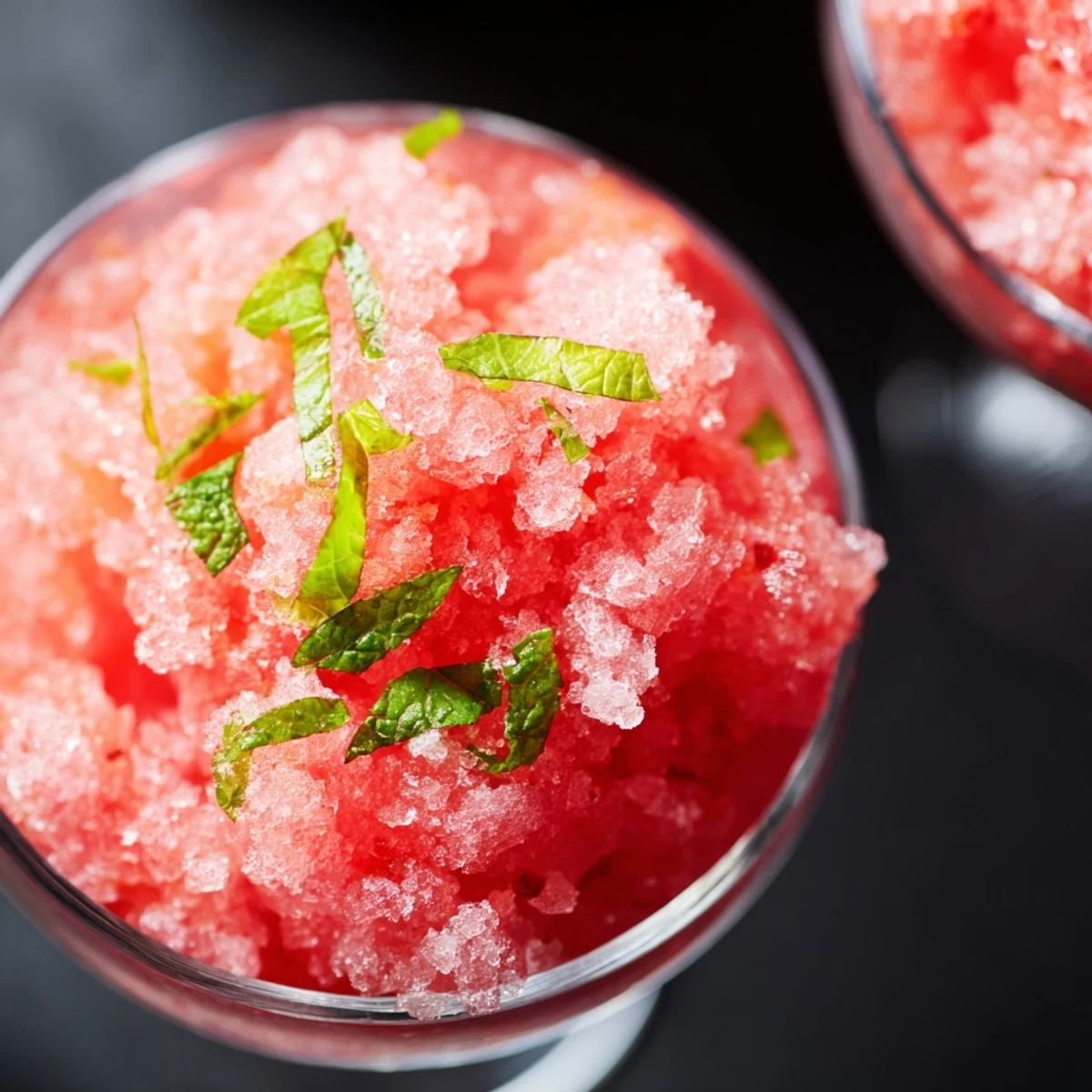 Sweet frozen watermelon granita spooned into decorative bowls with fresh mint leaves for an easy gluten-free summer treat