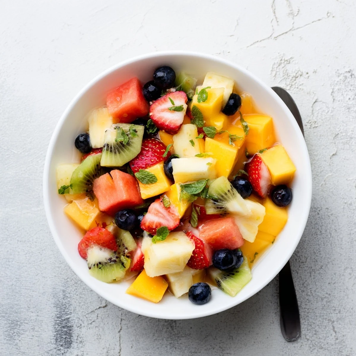Colorful bowl of Juicy Summer Delights fruit salad drizzled with refreshing citrus-mint syrup