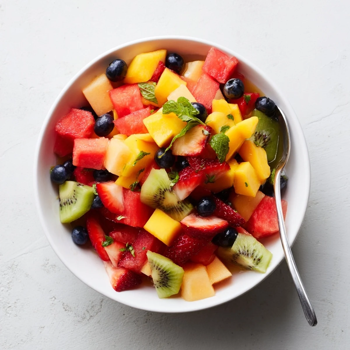 Fresh Juicy Summer Delights featuring watermelon mango strawberries and cantaloupe in minty citrus dressing