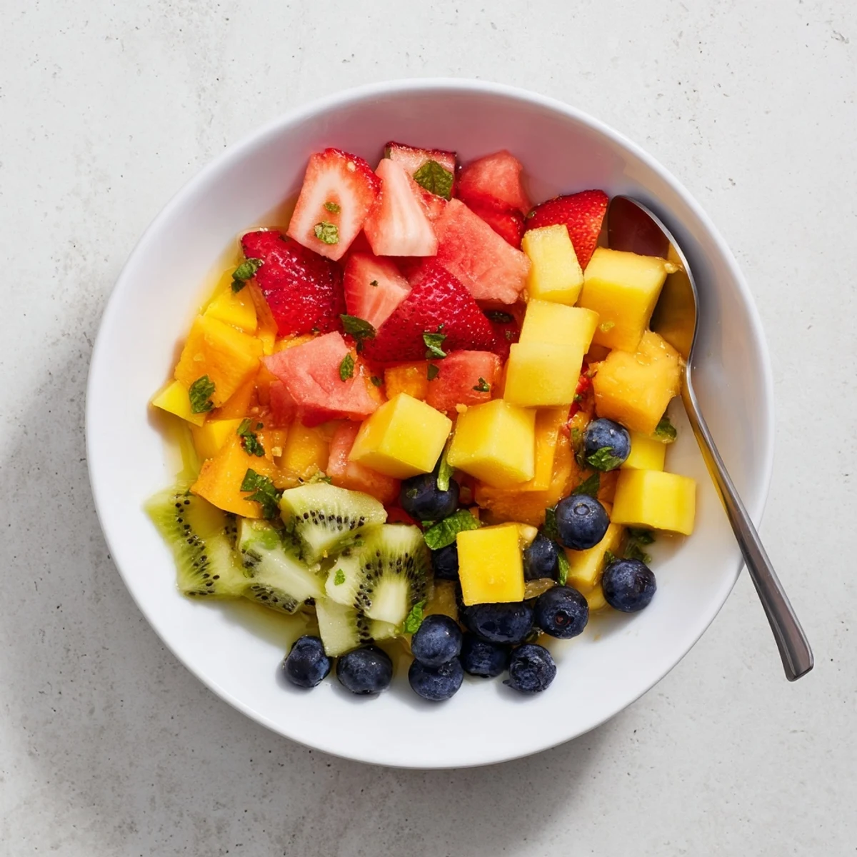 Vibrant summer fruit salad Juicy Summer Delights tossed in tangy lime orange honey glaze