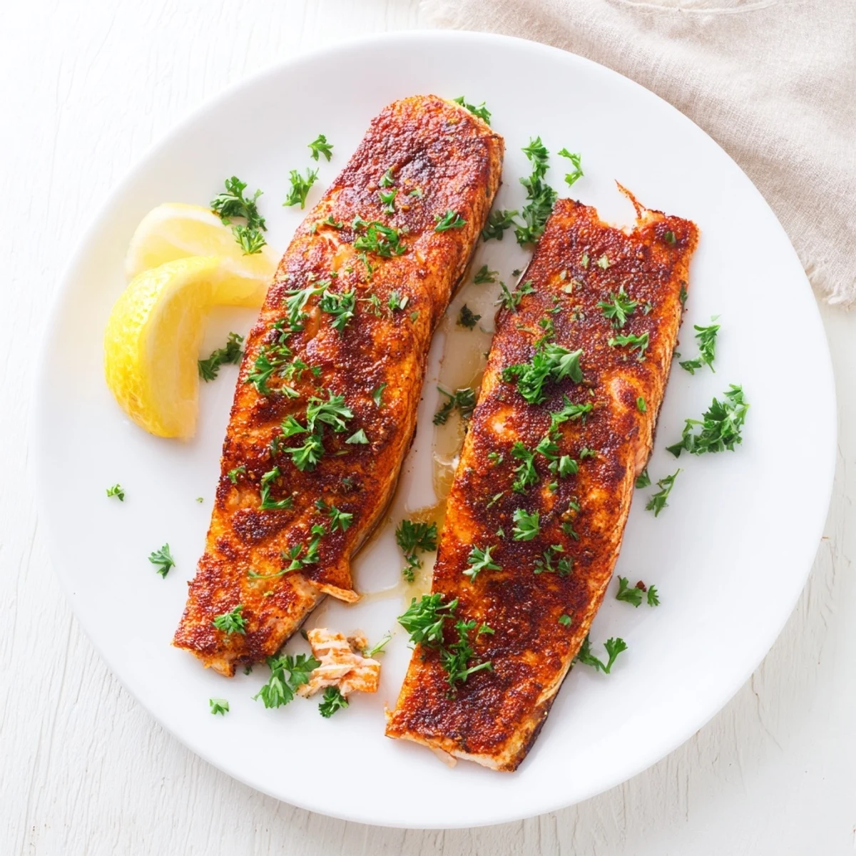 Baked salmon seasoned with spicy Cajun rub topped with sweet honey butter glaze