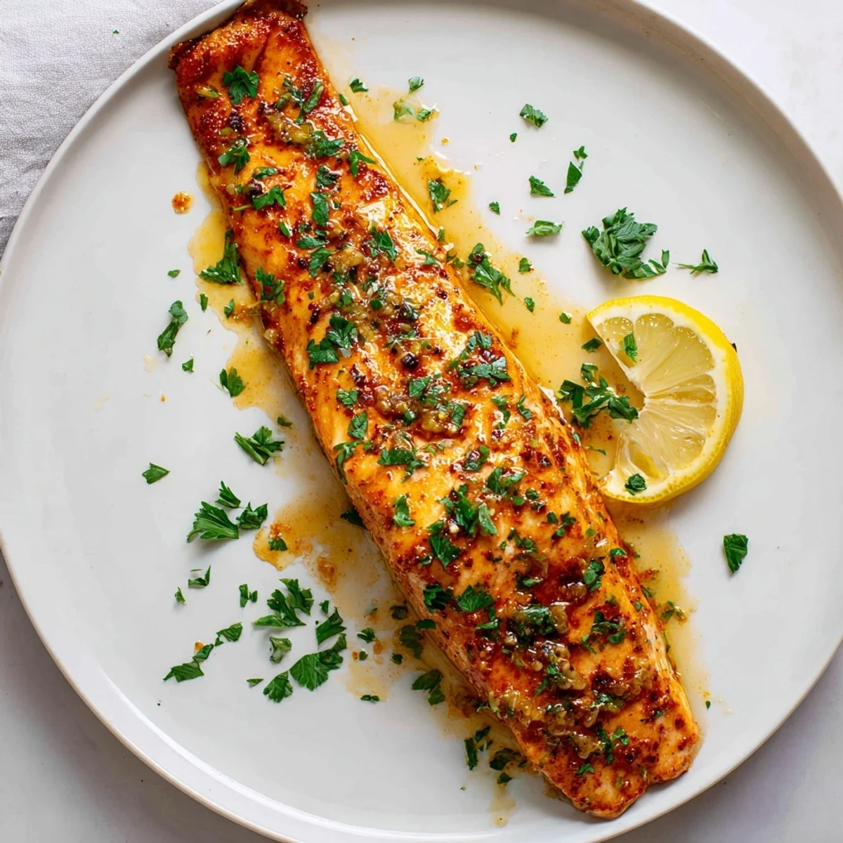 Golden brown Cajun honey salmon fillets with caramelized honey glaze and fresh parsley garnish