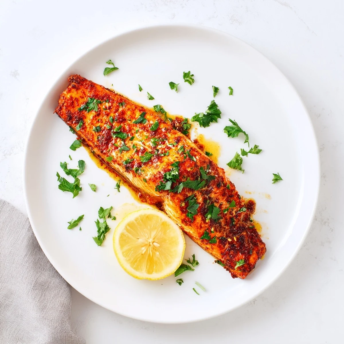 Crispy skinned Cajun honey salmon served on white plate with lemon wedge garnish