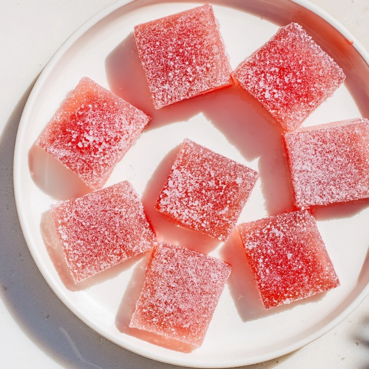 Soft pink sour watermelon fruit chews dusted with sparkling sugar coating on white plate