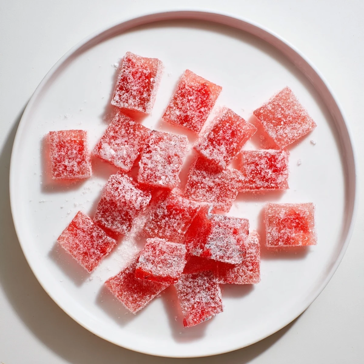 Tangy pink sour watermelon fruit chews piled in glass bowl with white sugar crystals