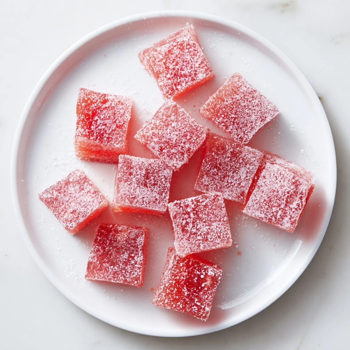 Chewy homemade sour watermelon fruit chews arranged in neat rows on parchment paper