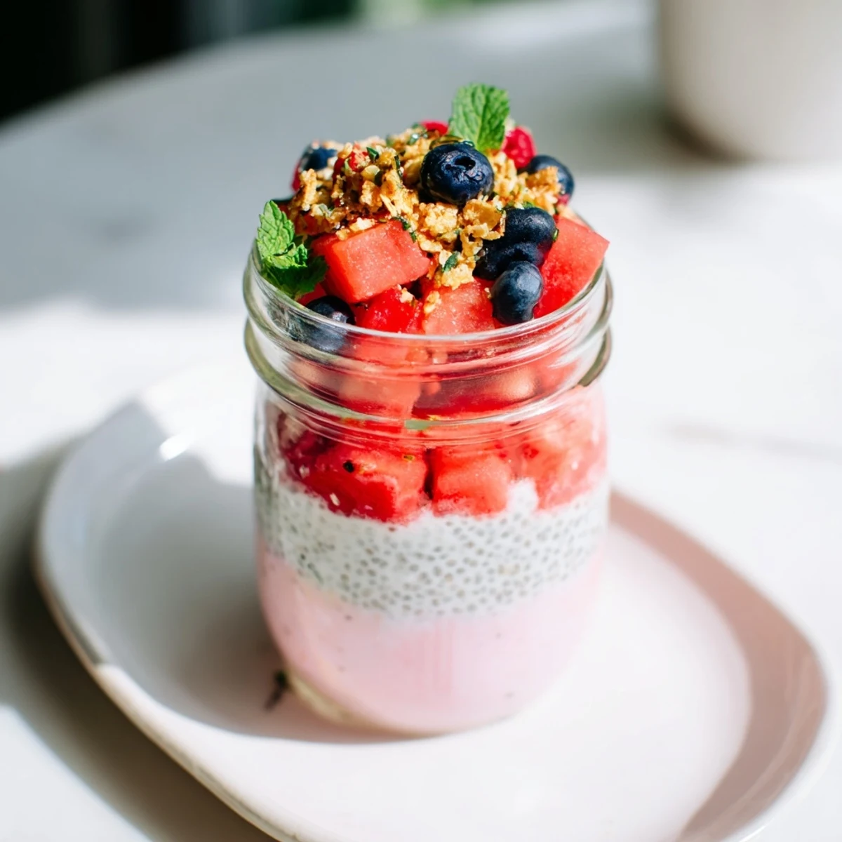 Layered watermelon chia parfait glass topped with fresh berries and crunchy granola