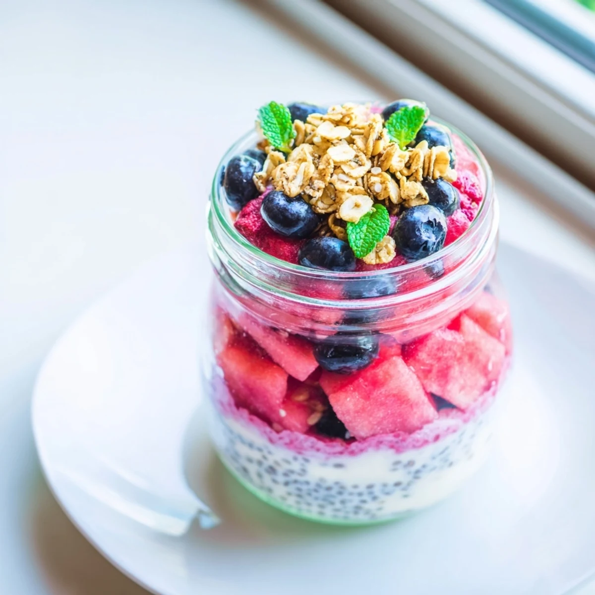Refreshing watermelon chia parfait jar with mint garnish on wooden table