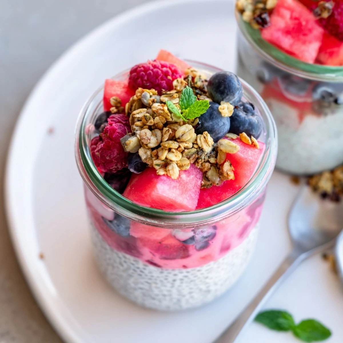 Vegan watermelon chia parfait featuring creamy pudding layers and juicy summer fruit