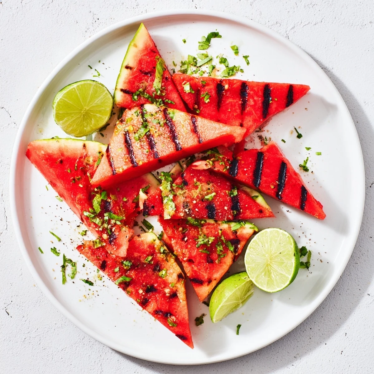 Grilled watermelon wedges with charred grill marks topped with fresh cilantro and lime zest