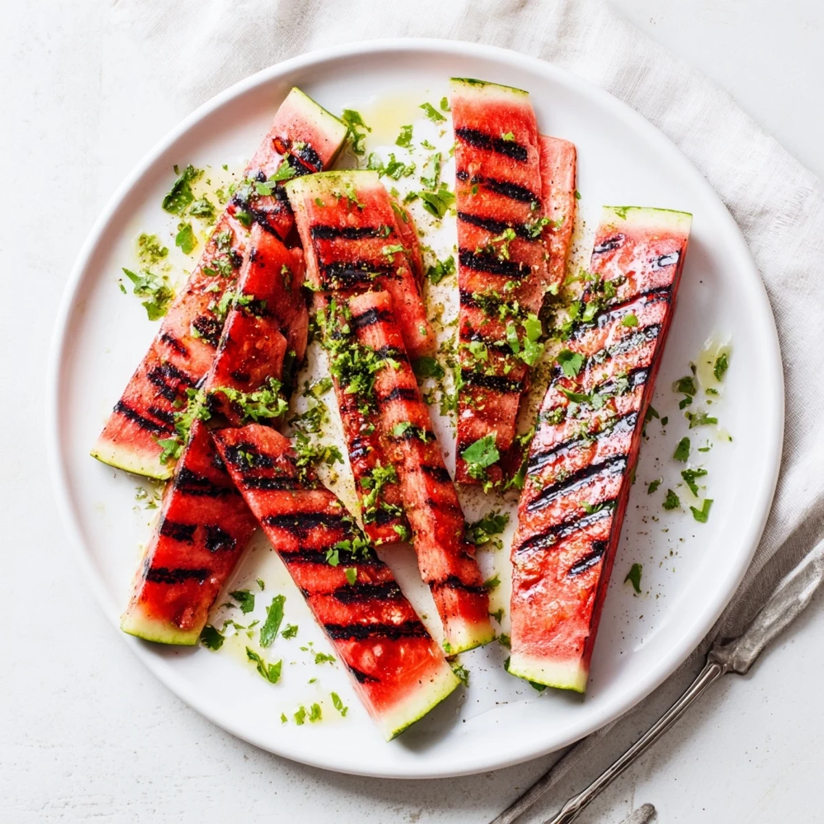Fresh watermelon slices grilled to perfection with zesty lime juice and green cilantro garnish
