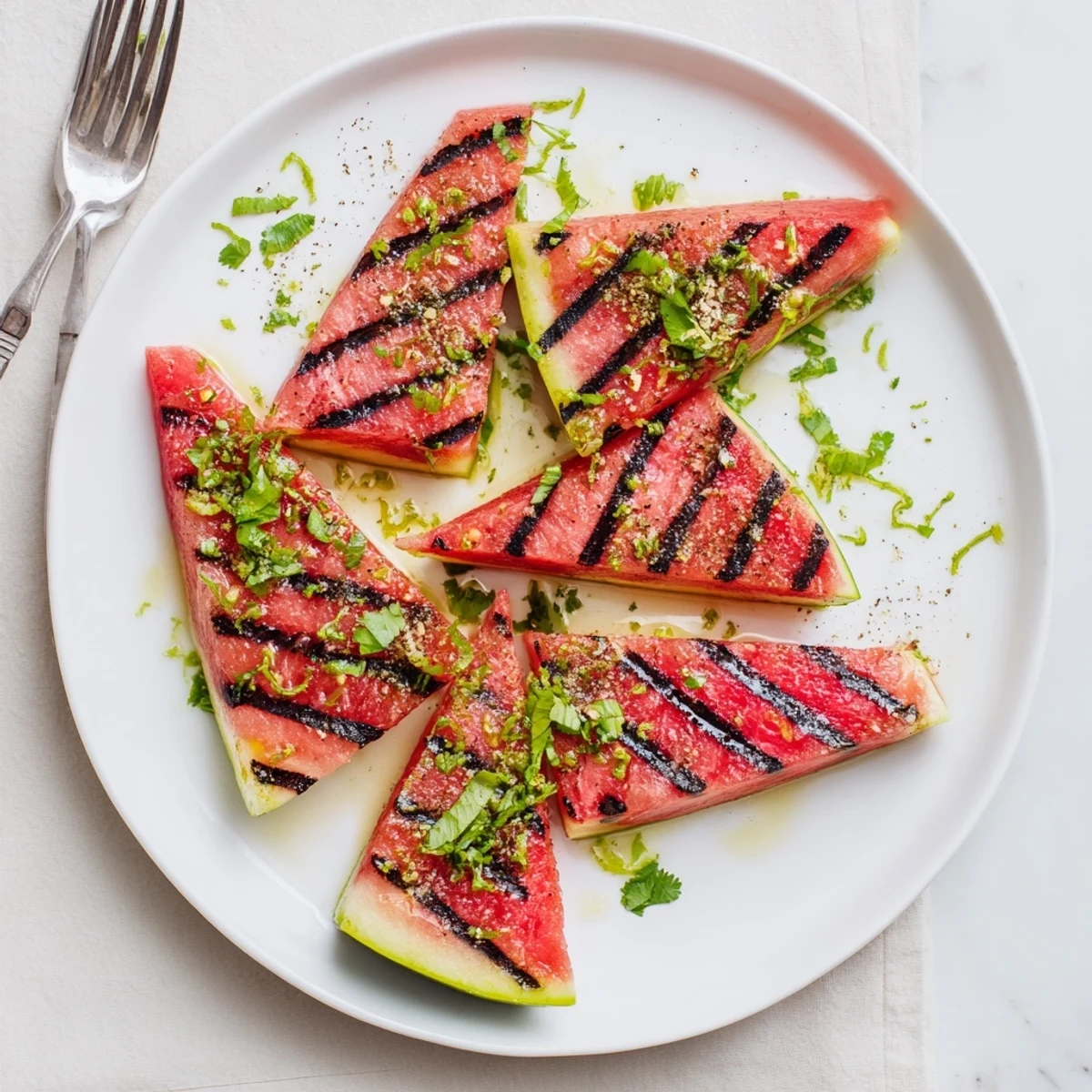 Cilantro lime grilled watermelon recipe featuring smoky caramelized fruit on a white serving platter