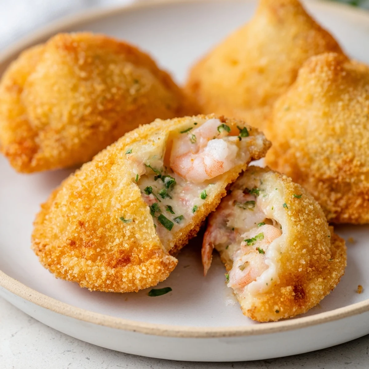 Golden Portuguese shrimp rissois with crispy fried exterior and creamy savory seafood filling