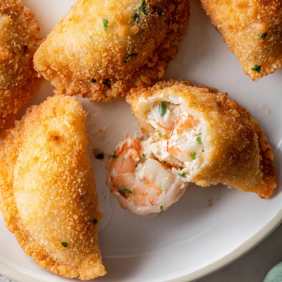 Crispy Portuguese shrimp rissois filled with béchamel sauce and tender chopped shrimp pieces