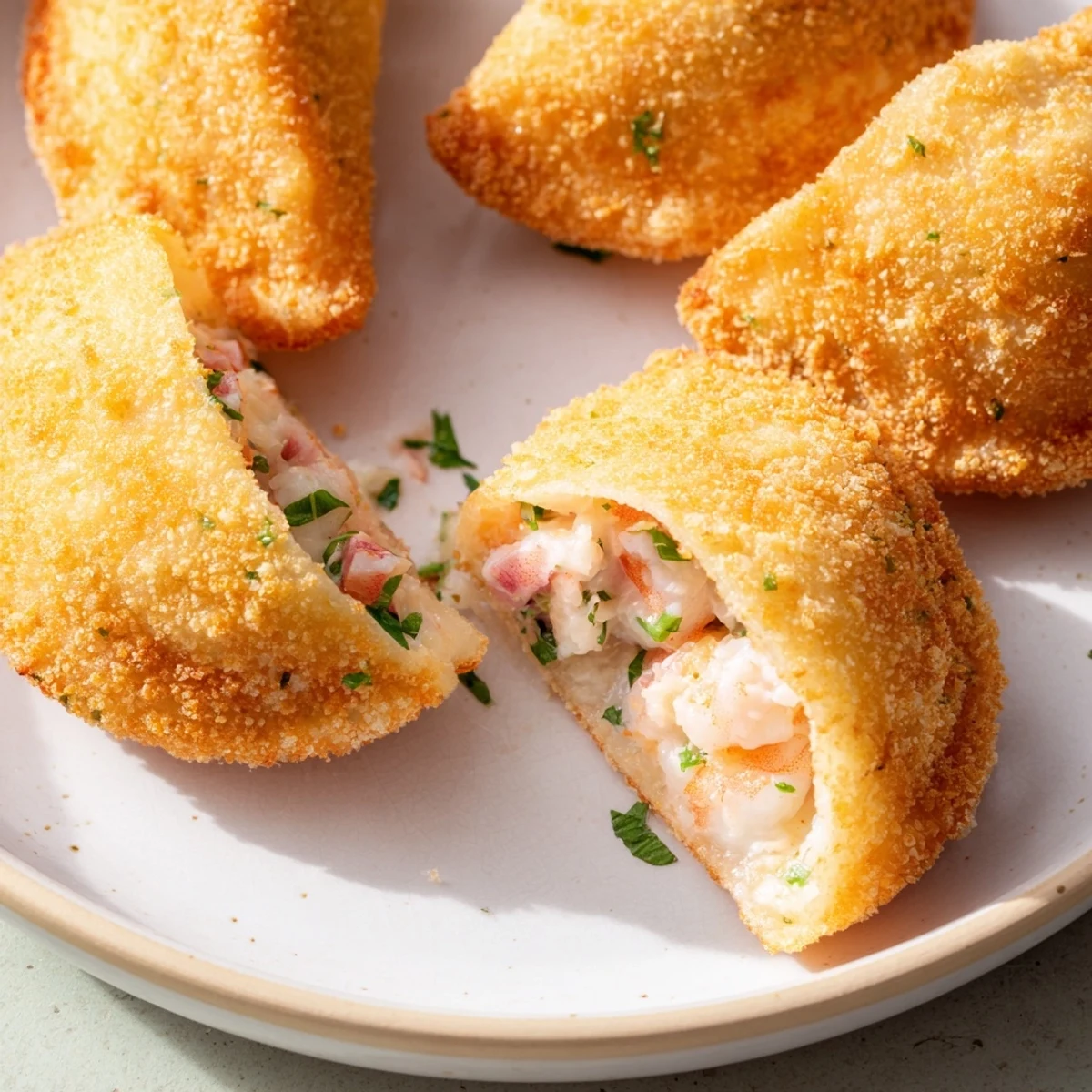 Handheld Portuguese shrimp rissois arranged on serving plate with garnish of fresh parsley