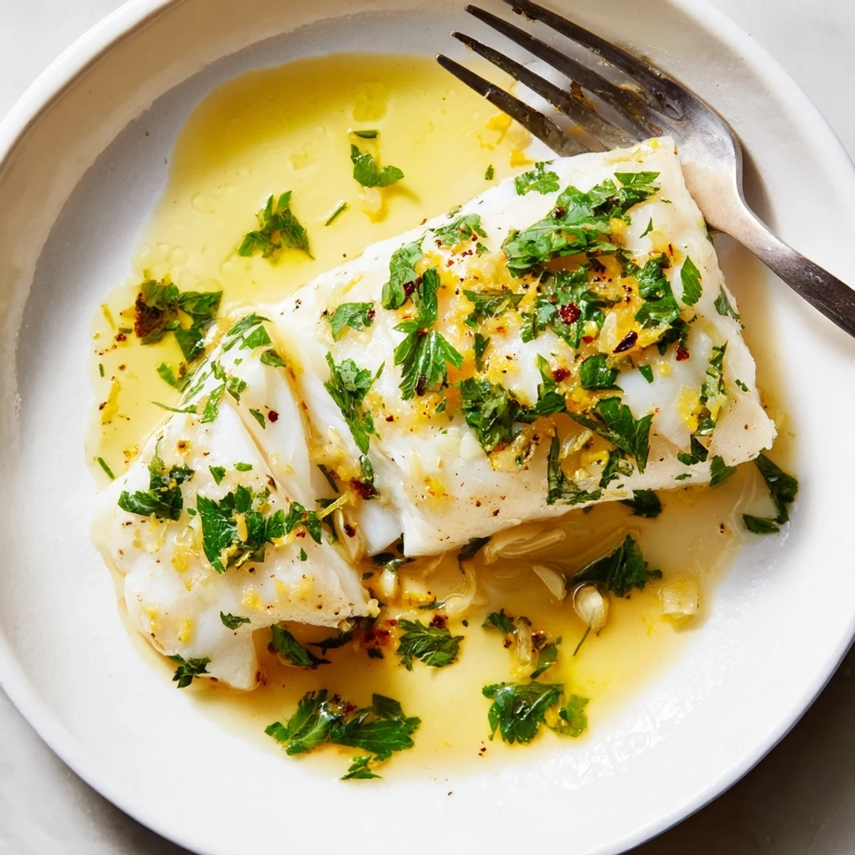 Golden pan-seared cod fillets resting in a creamy lemon garlic butter sauce with fresh parsley garnish