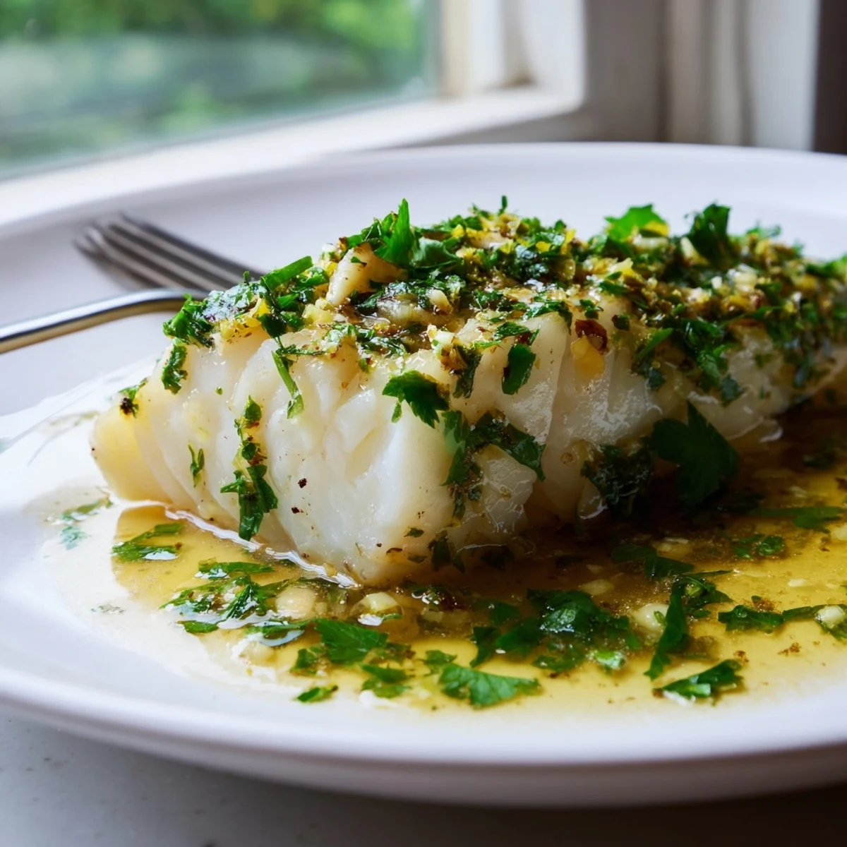 Perfectly cooked lemon garlic butter cod served on a white plate with golden sauce and fresh herbs