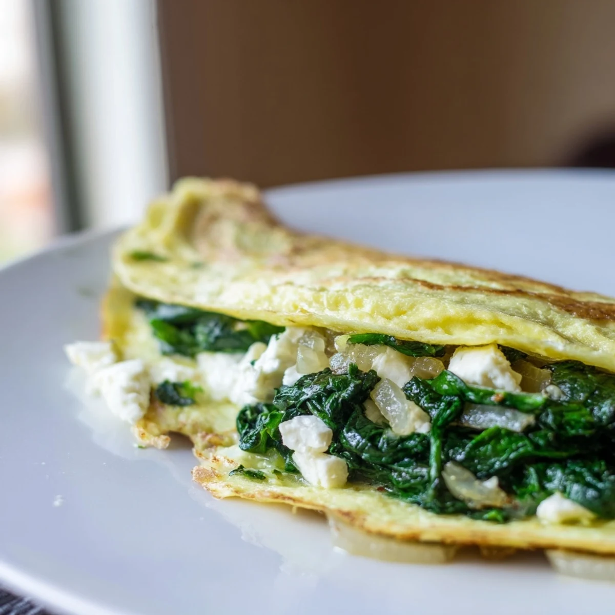Golden spinach feta omelet recipe folded on white plate with melted creamy cheese