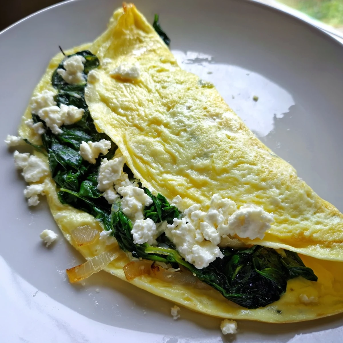 Fluffy Mediterranean spinach feta omelet recipe served with fresh herbs for breakfast