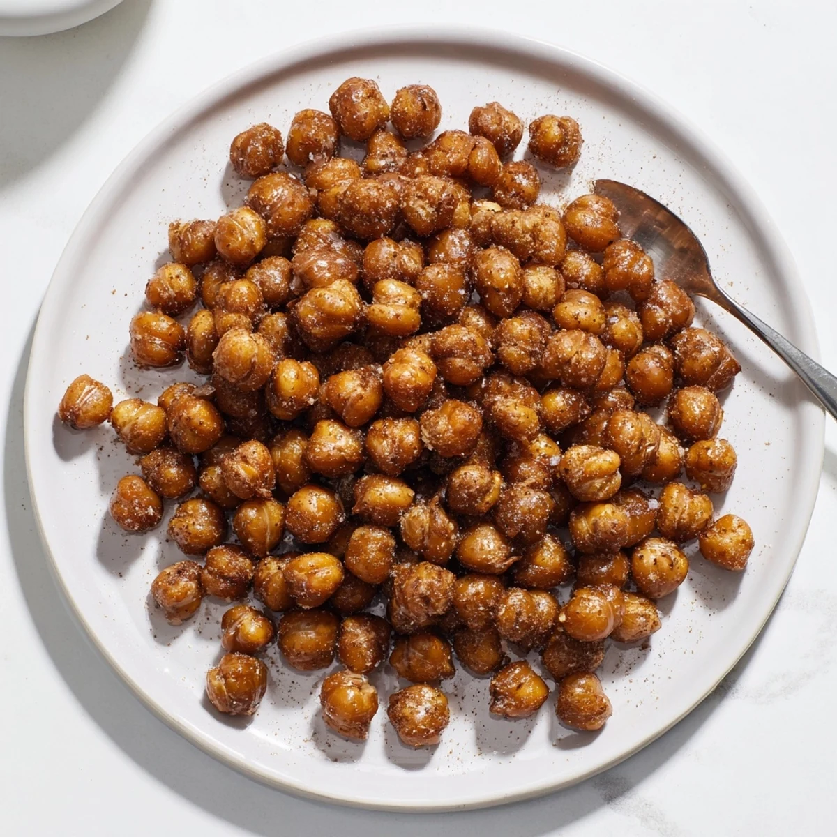 Golden brown cinnamon roasted chickpeas arranged on a rustic baking sheet with visible spice coating