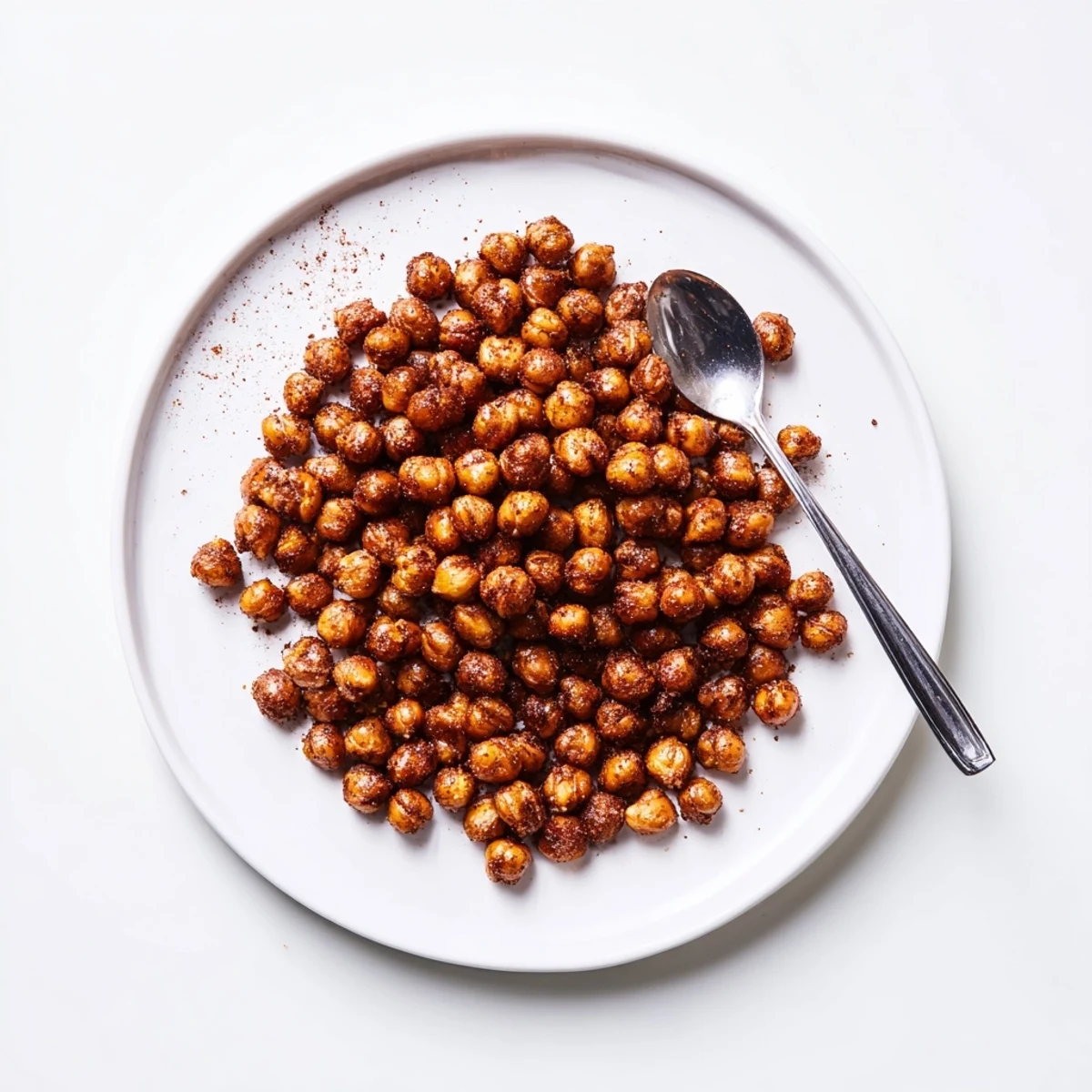 Close up of crispy sweet cinnamon roasted chickpeas scattered on white plate with shadow details