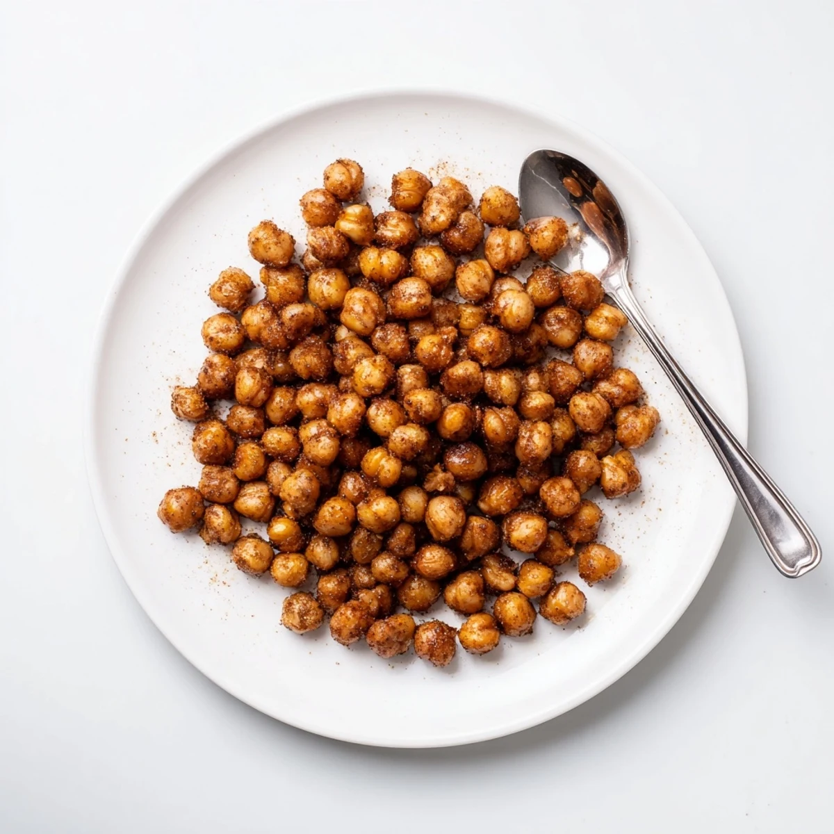 Bowl of crunchy cinnamon roasted chickpeas with dusting of coconut sugar and cinnamon powder visible