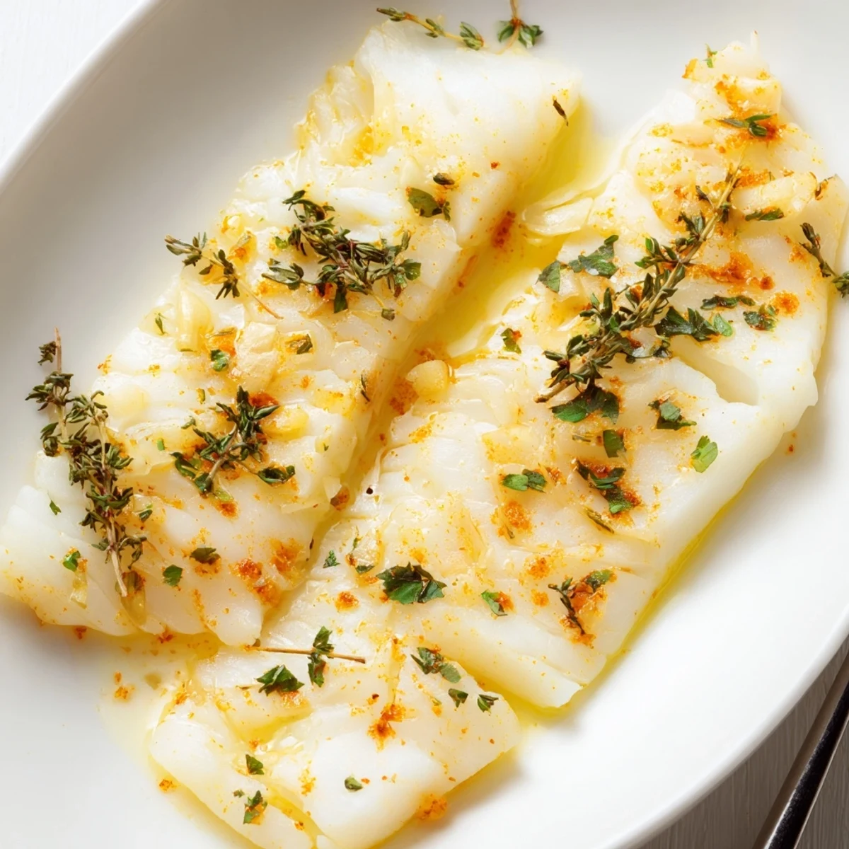 Golden baked cod fillets garnished with fresh lemon slices and green parsley on a white ceramic baking dish
