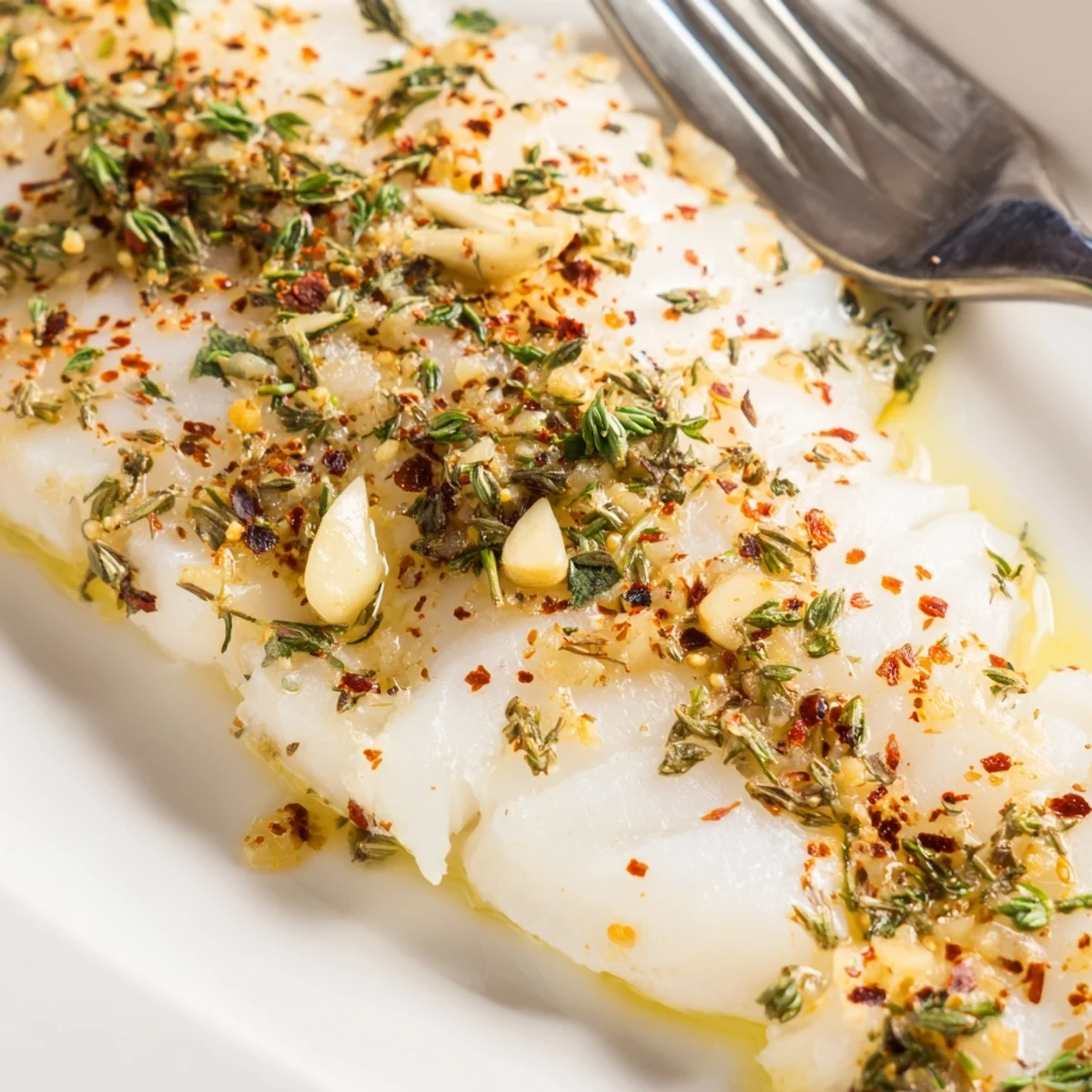 Oven baked white cod fillets with bright lemon wedges and sprinkled fresh herbs on a parchment lined pan