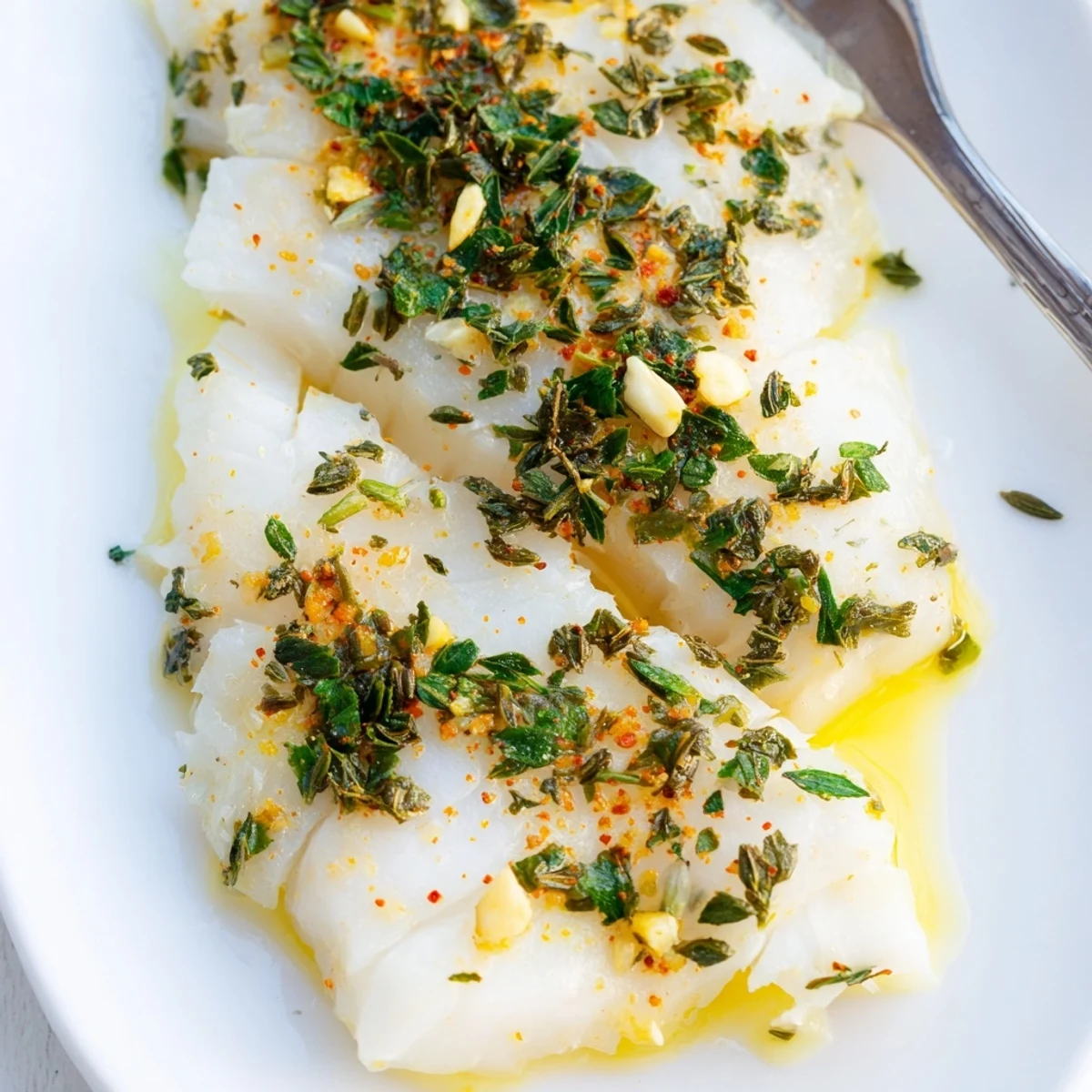Flaky tender baked cod seasoned with garlic herbs and lemon juice ready for a healthy dinner