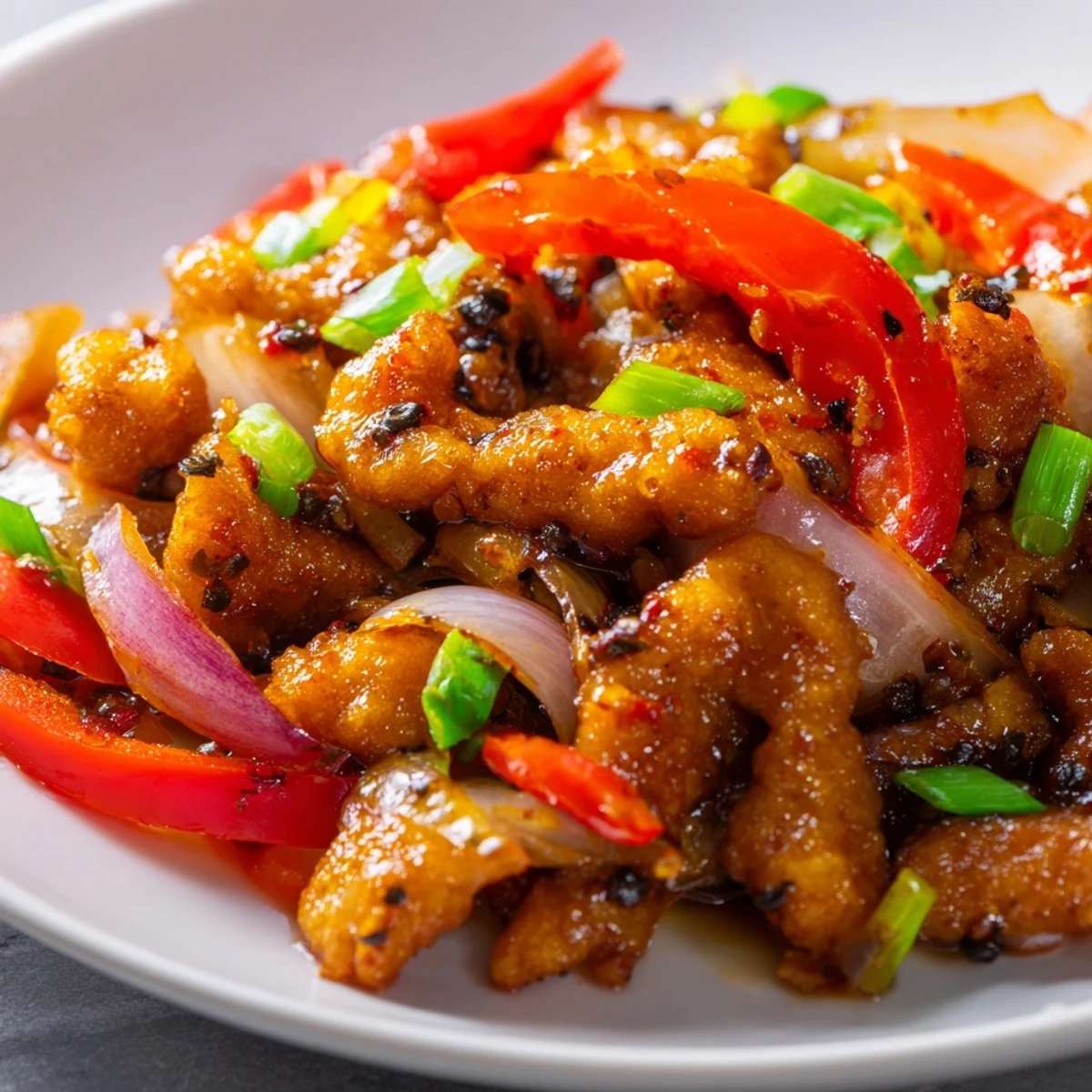 Golden crispy pepper chicken pieces tossed with colorful bell peppers and fresh green onions in a savory dark sauce