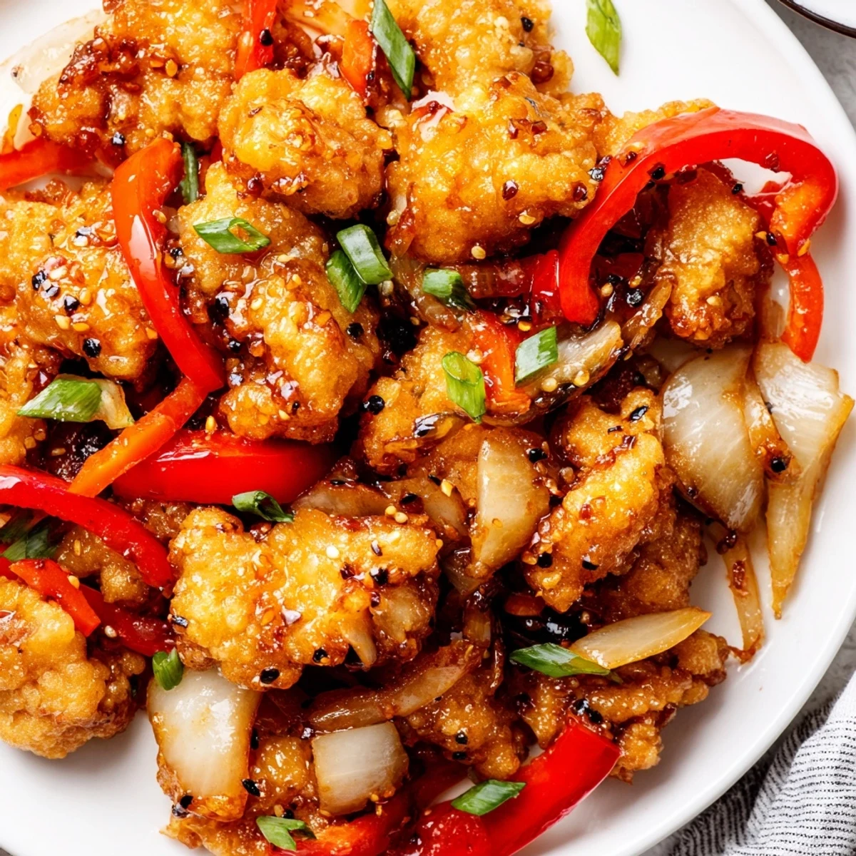 Asian-inspired pepper chicken dish featuring golden battered chicken pieces stir-fried with sliced vegetables and aromatic black pepper sauce