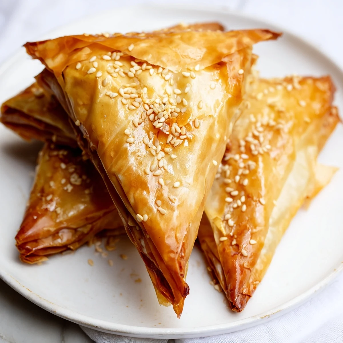 Golden brown Moroccan spiced chicken briouats arranged on serving platter with sesame seed garnish