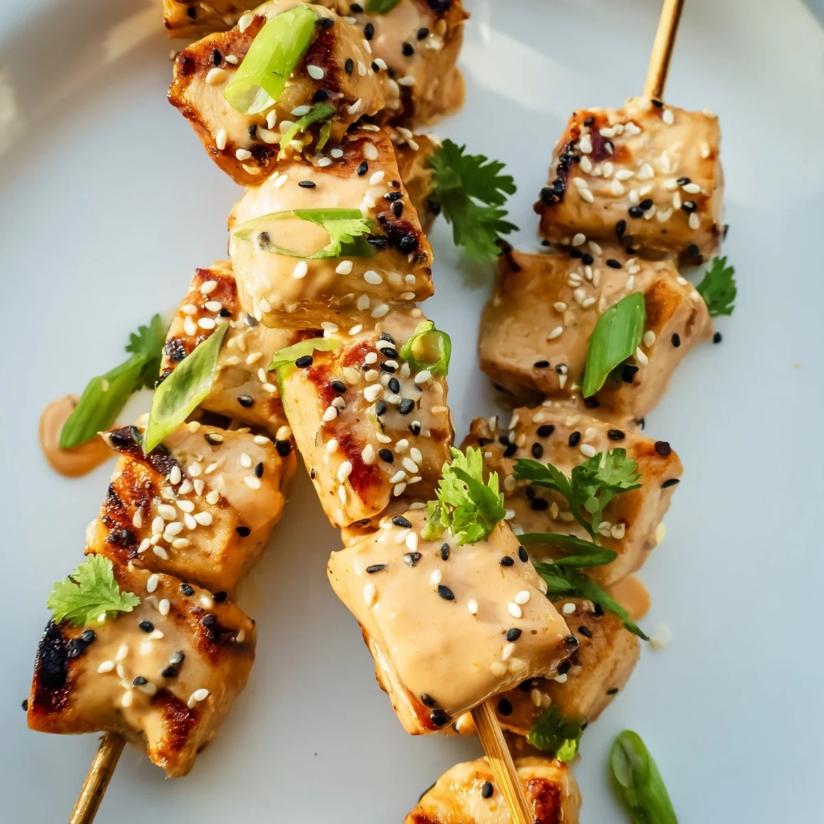 Tender grilled Bang Bang Chicken skewers drizzled with sweet chili mayonnaise sauce and fresh scallions