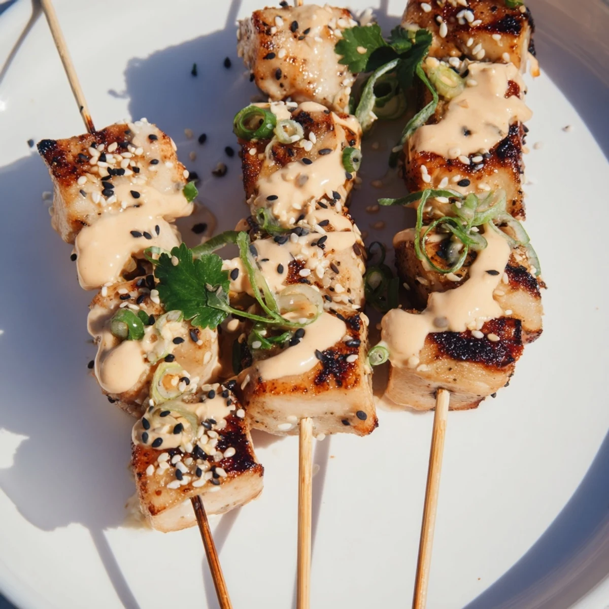Juicy chicken pieces on skewers brushed with Bang Bang sauce and garnished with cilantro