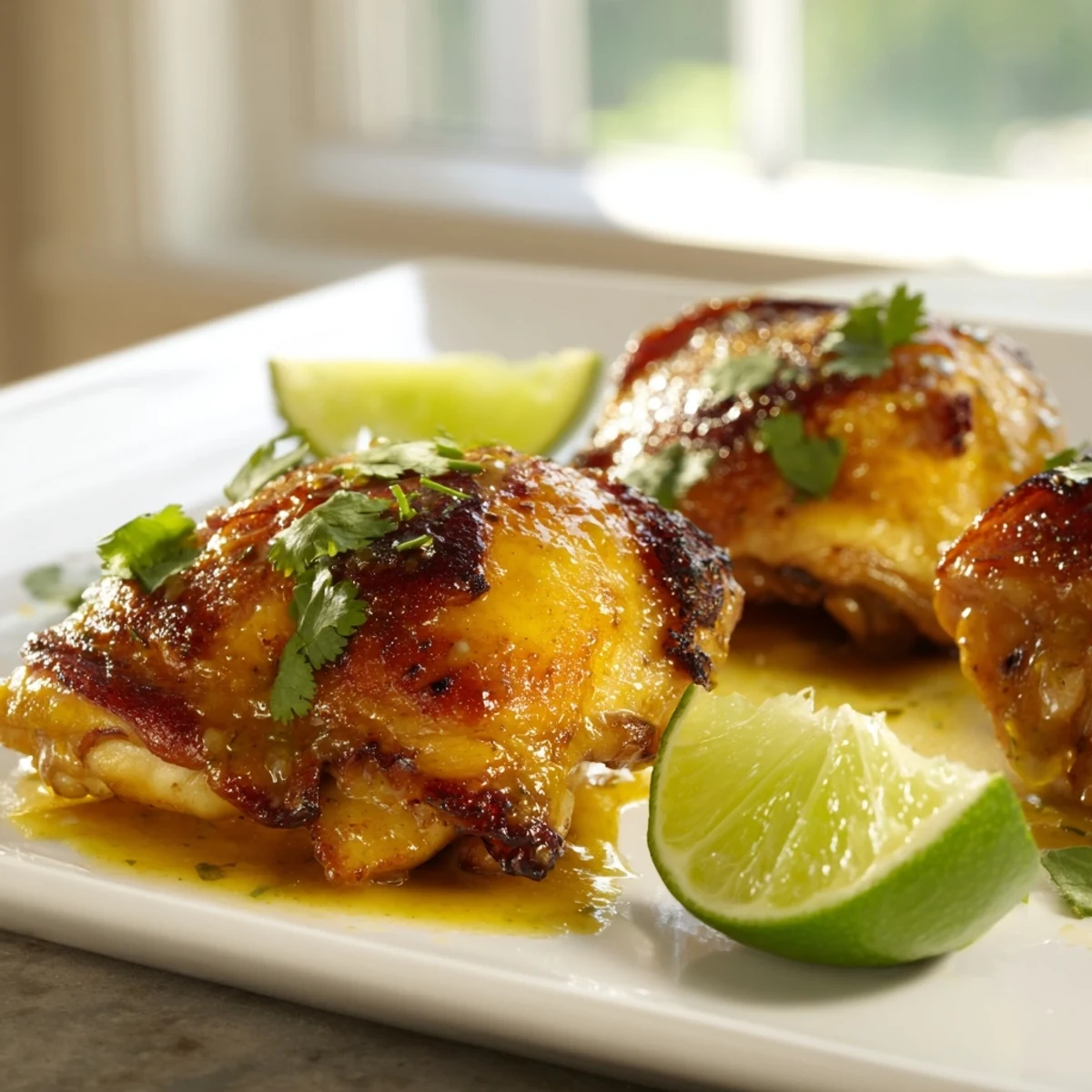 Golden roasted Cuban Mojo Chicken Thighs with crispy, glistening skin and vibrant citrus herb marinade